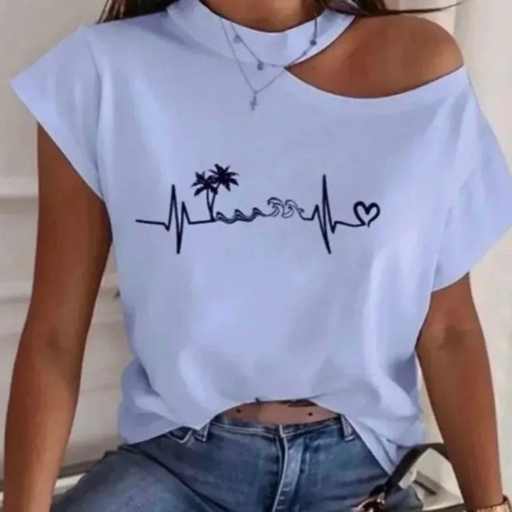 Blue Heartbeat Vacation Cut Out Shoulder Womans Comfortable Top